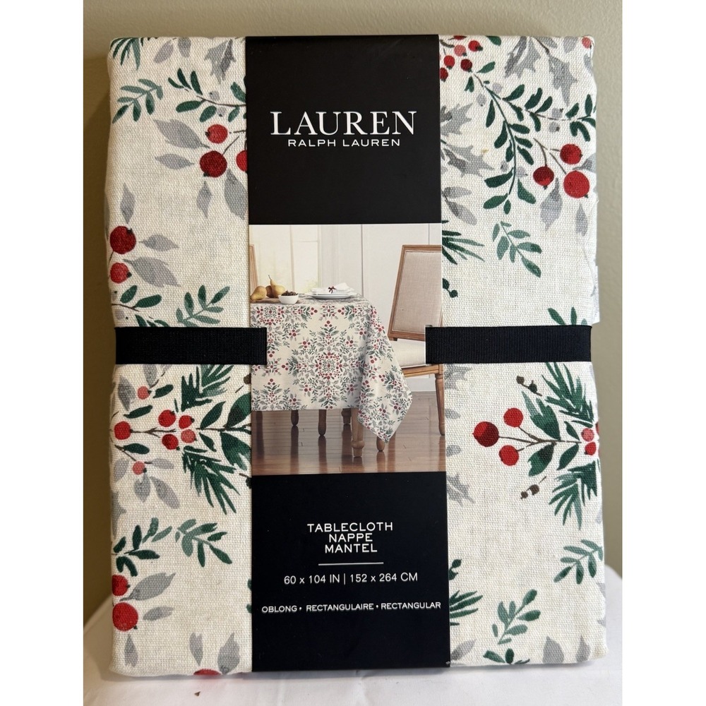 NEW Lauren Ralph Lauren LRL Christmas Tablecloth Cotton 60x104 Holiday Holly‎